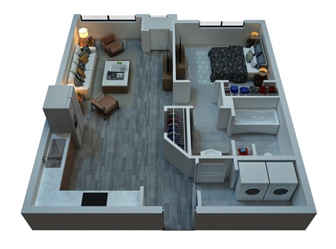 Floor plan for 1 bed, 1 bath, 726 sqft